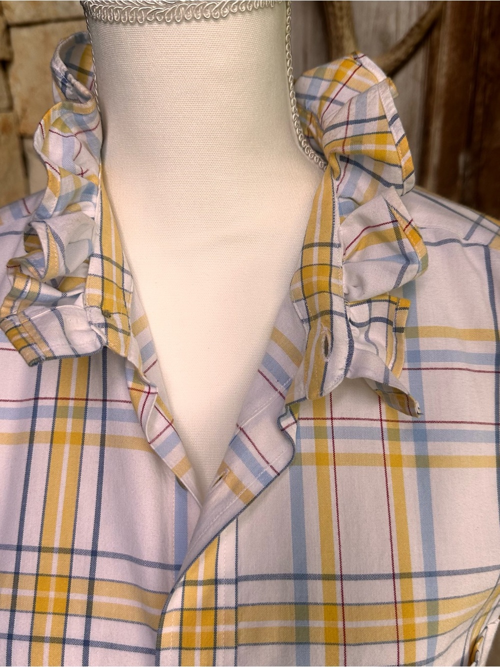 Yellow Plaid Ruffle Collar Shirt upcycled